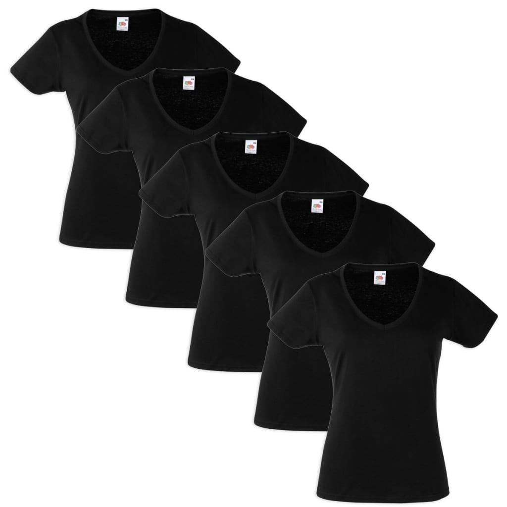 5 Fruit of the Loom Ladies V-Neck Value Weight T-shirt Black XS